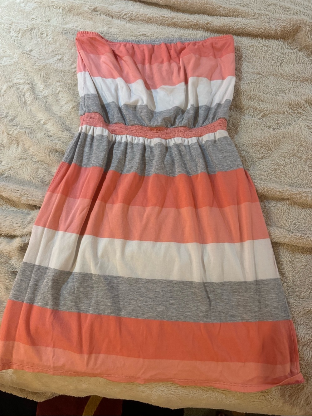 Banana Republic Coral, White & Gray Striped Strapless Dress